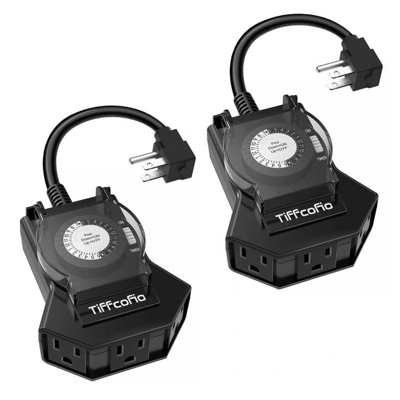Tiffcofio Outdoor Timer Outlet Waterproof, 24 Hour Mechanical Light Timer Outdoor, 2 Grounded Outlets for Home and Garden, 15A 1/2HP, Heavy Duty, ETL Listed (2 Packs) - Image 1